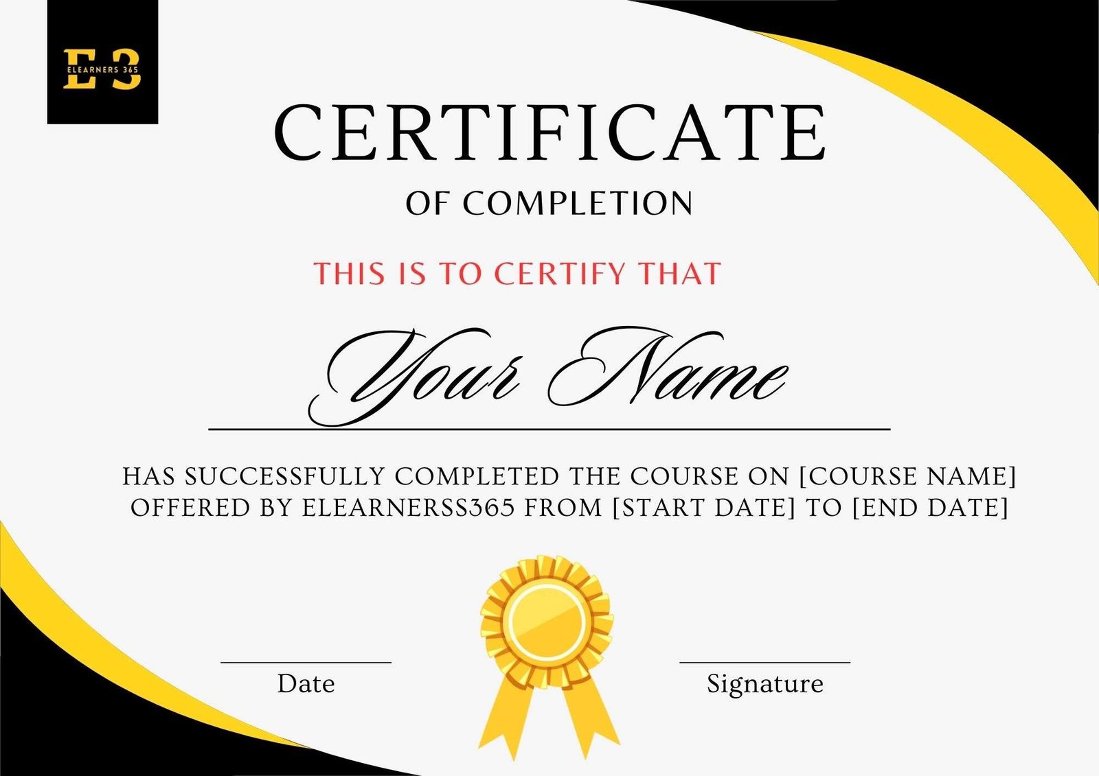 Sample Elearners365 certificate of completion